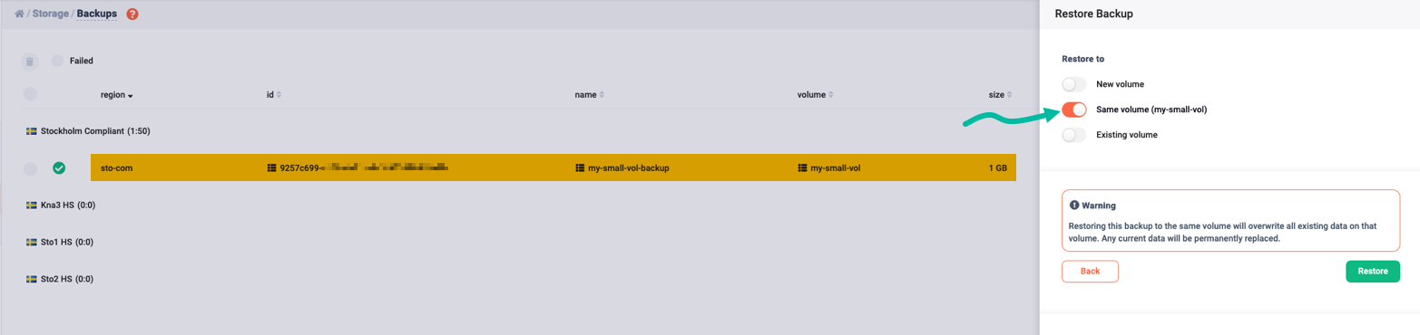 Selecting the original volume to restore into