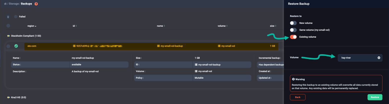 Selecting an existing volume to restore into