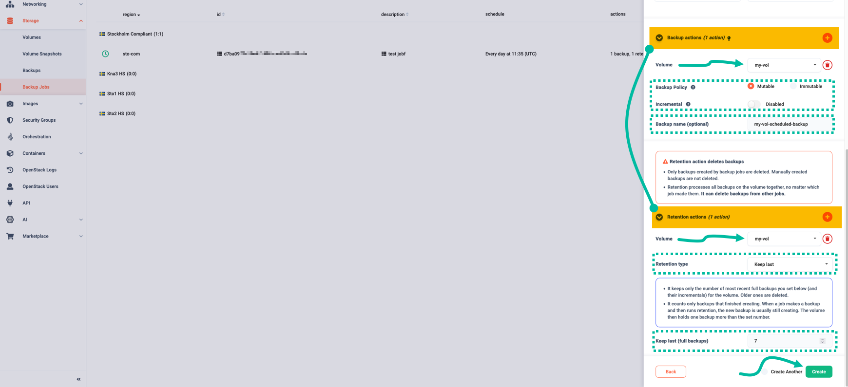 Define a backup action and a corresponding retention action