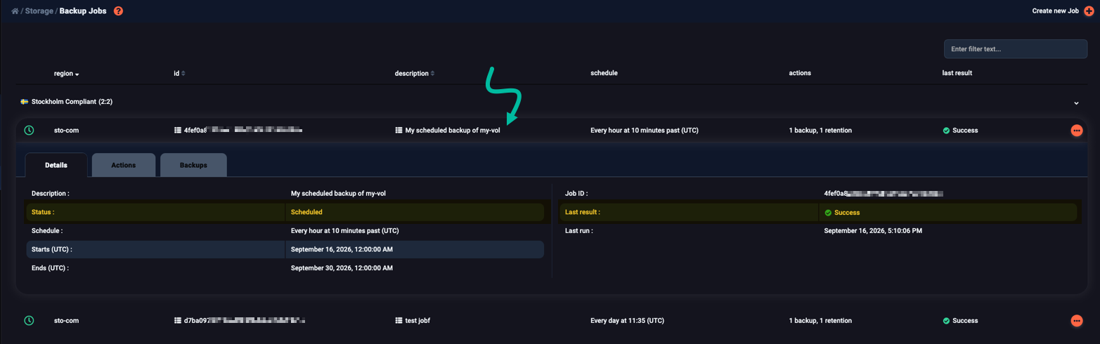 Viewing details of a selected backup job