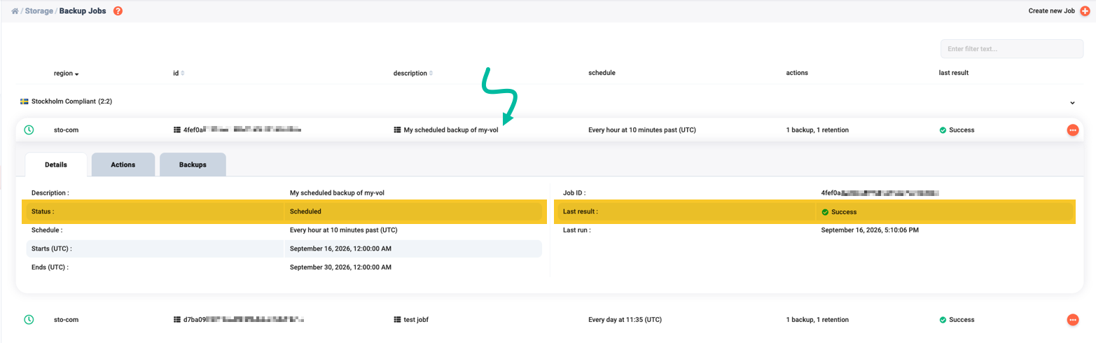 Viewing details of a selected backup job