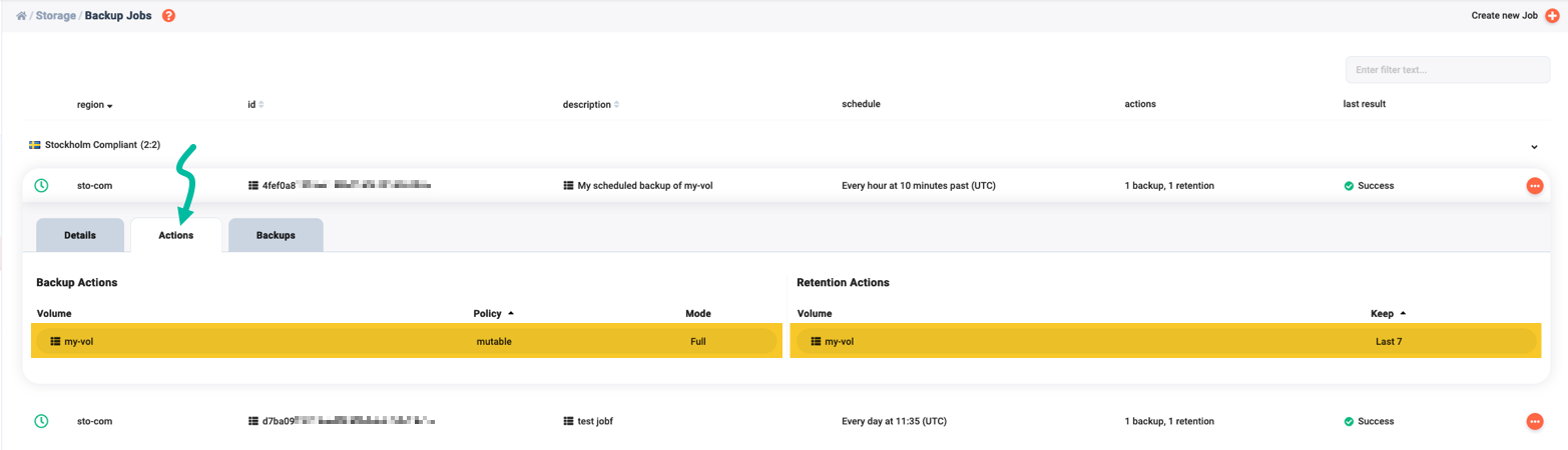 Details on the selected backup job's actions