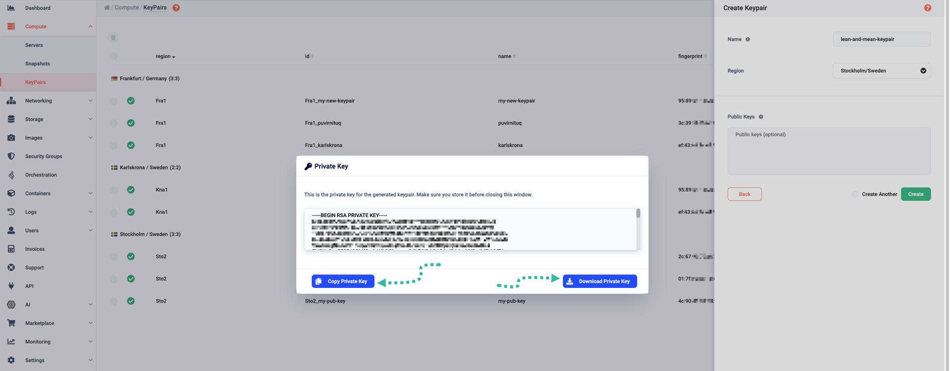 Whenever you create a new keypair without specifying a public key, you have to download and securely store the corresponding private key