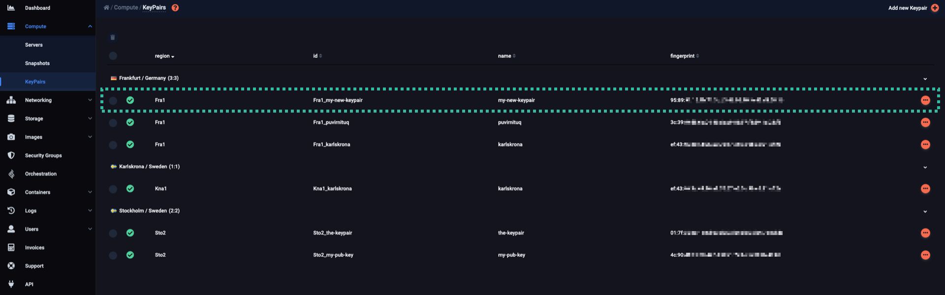 The new keypair is listed under its region
