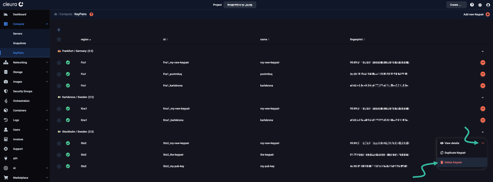 Select the option for deleting a keypair