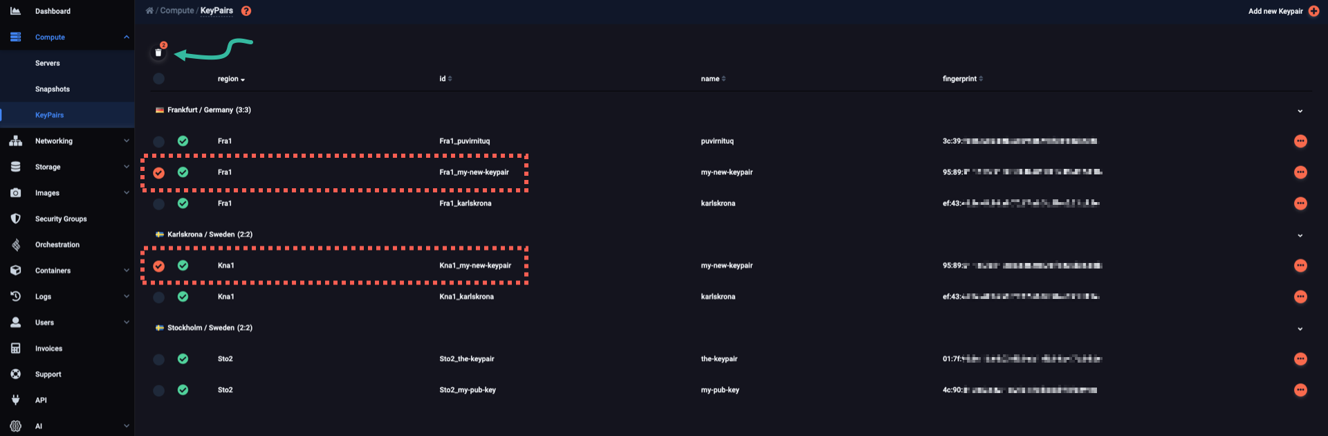 Choose more than one keypairs you wish to delete