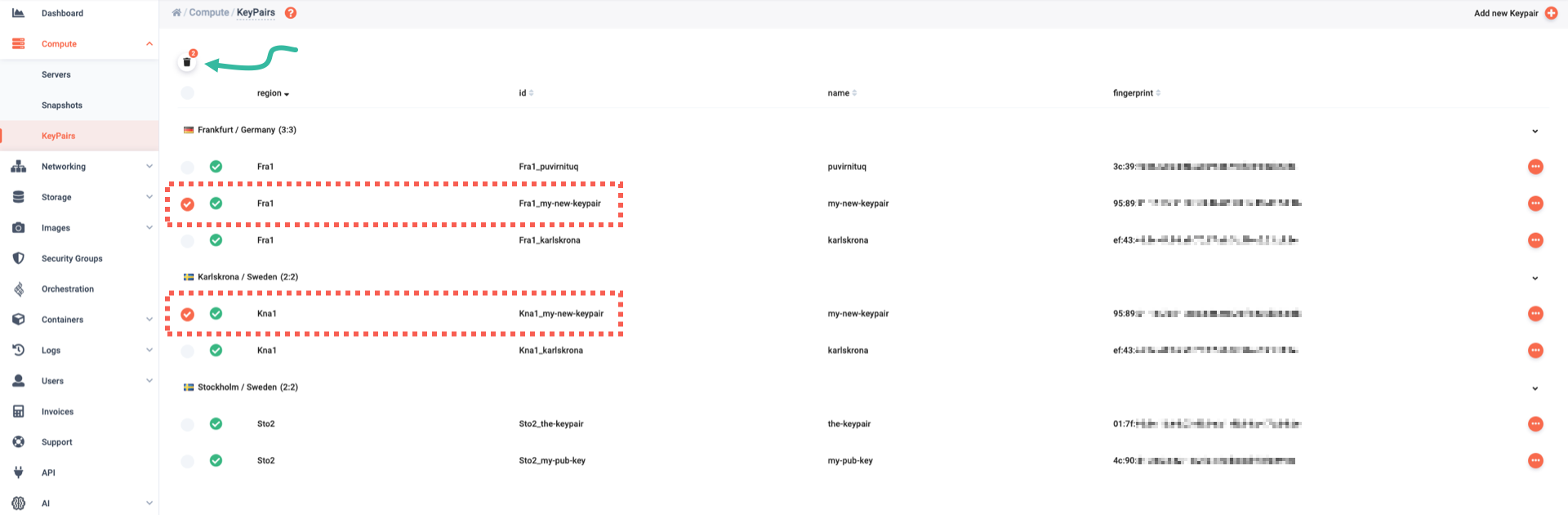 Choose more than one keypairs you wish to delete