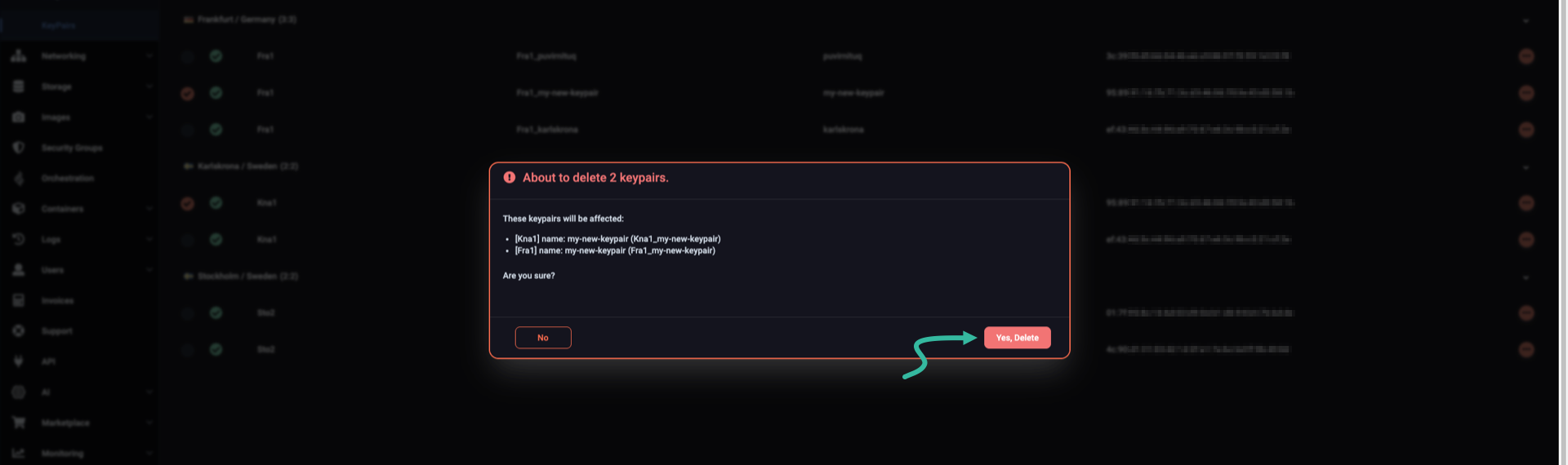 Confirm that you want to delete the selected keypairs
