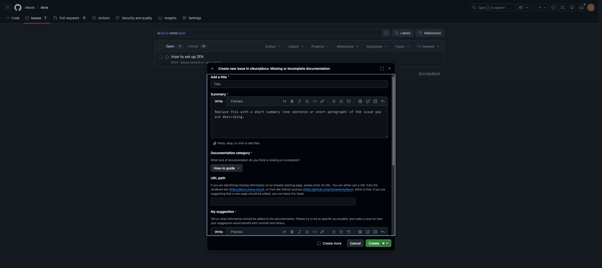 github "new issue" form for the "missing or incomplete documentation" issue type