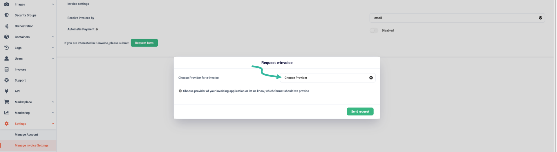 Choose invoicing provider drop-down menu