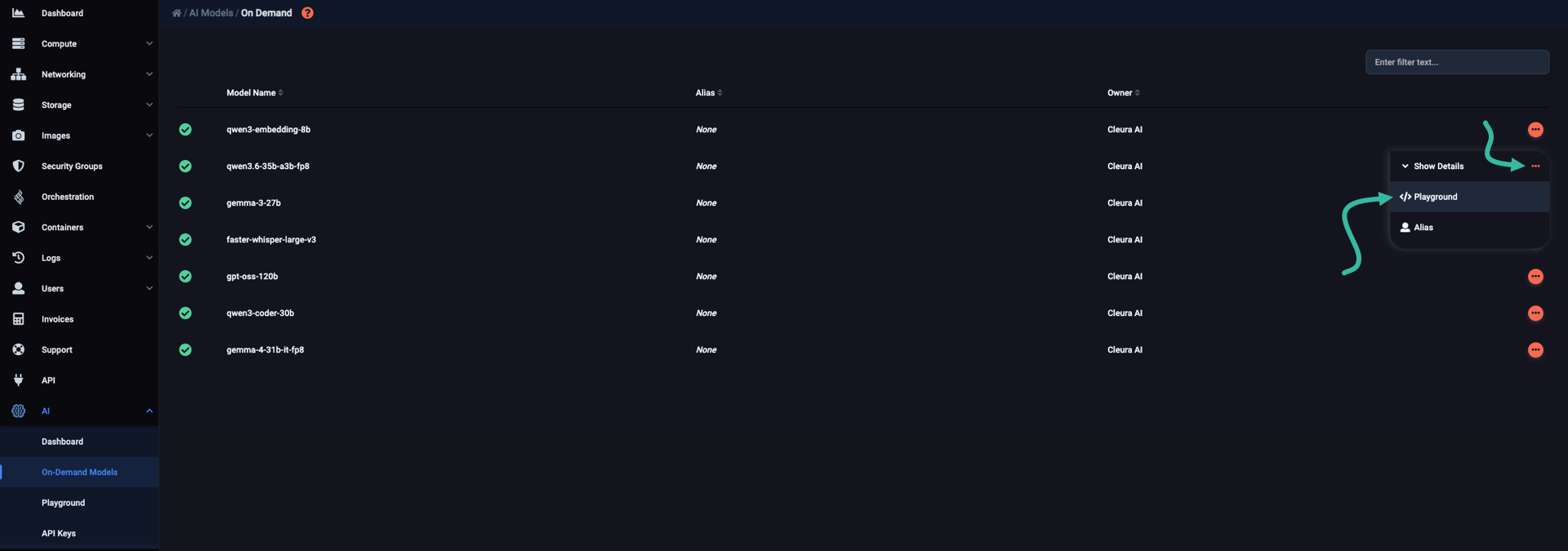 Select a model and go to the interactive playground