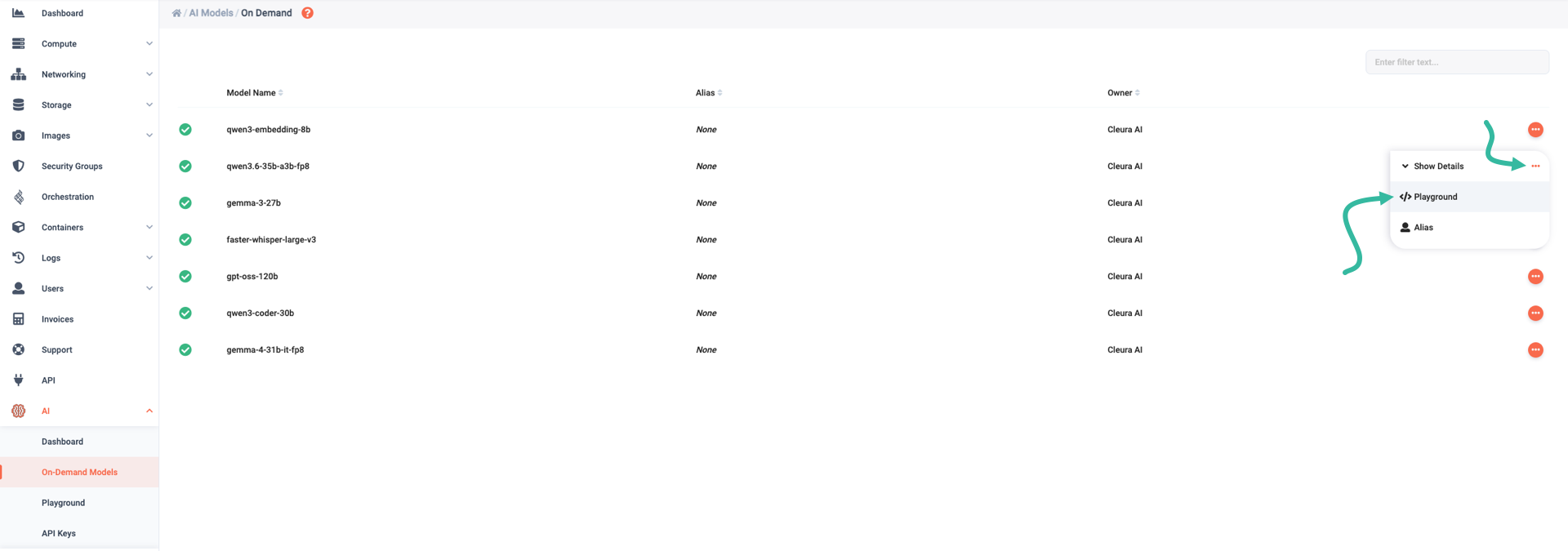 Select a model and go to the interactive playground
