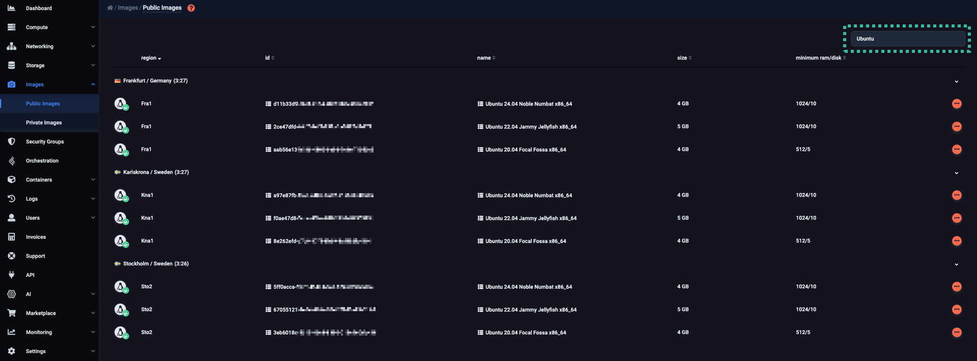 A public images panel that uses filtering of images by name to show all Ubuntu images in all regions.