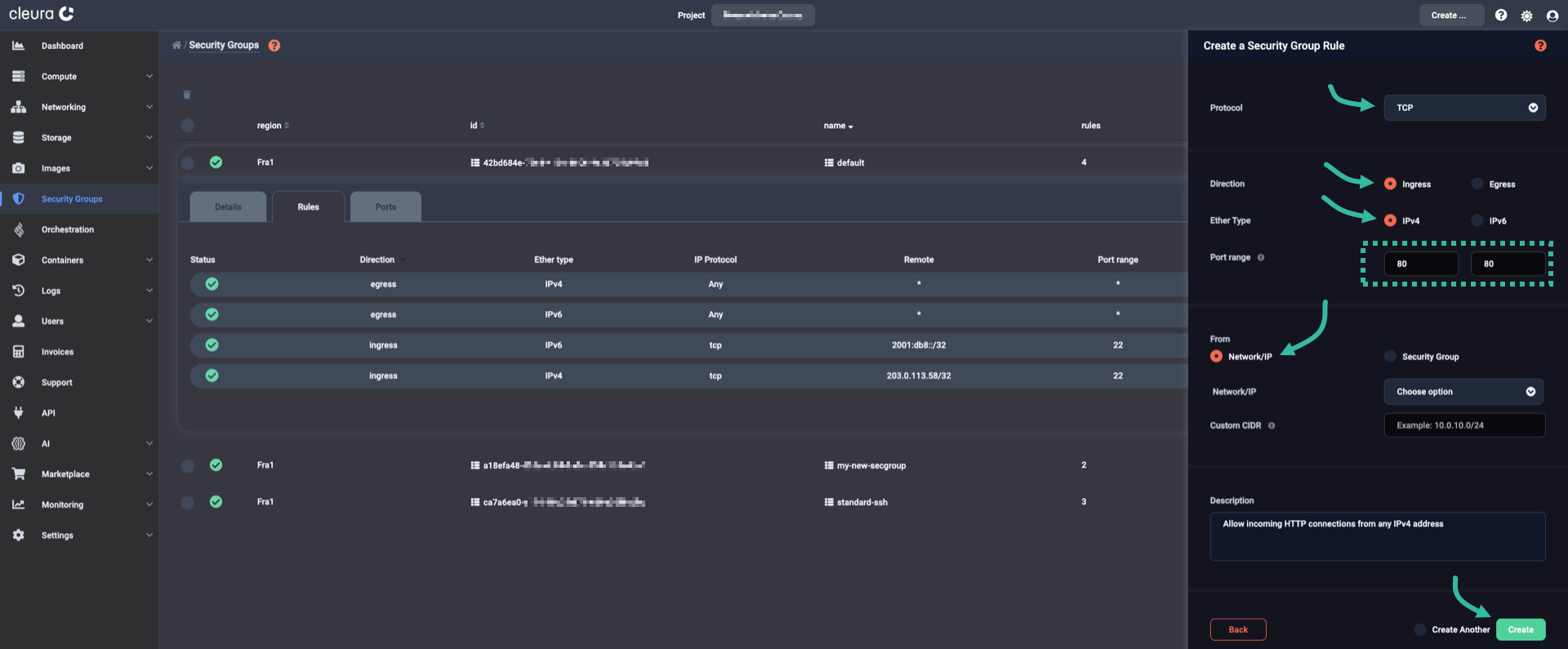 Create new ingress rule for IPv4 connections to 80/TCP