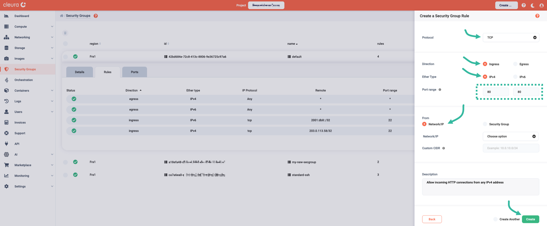 Create new ingress rule for IPv4 connections to 80/TCP