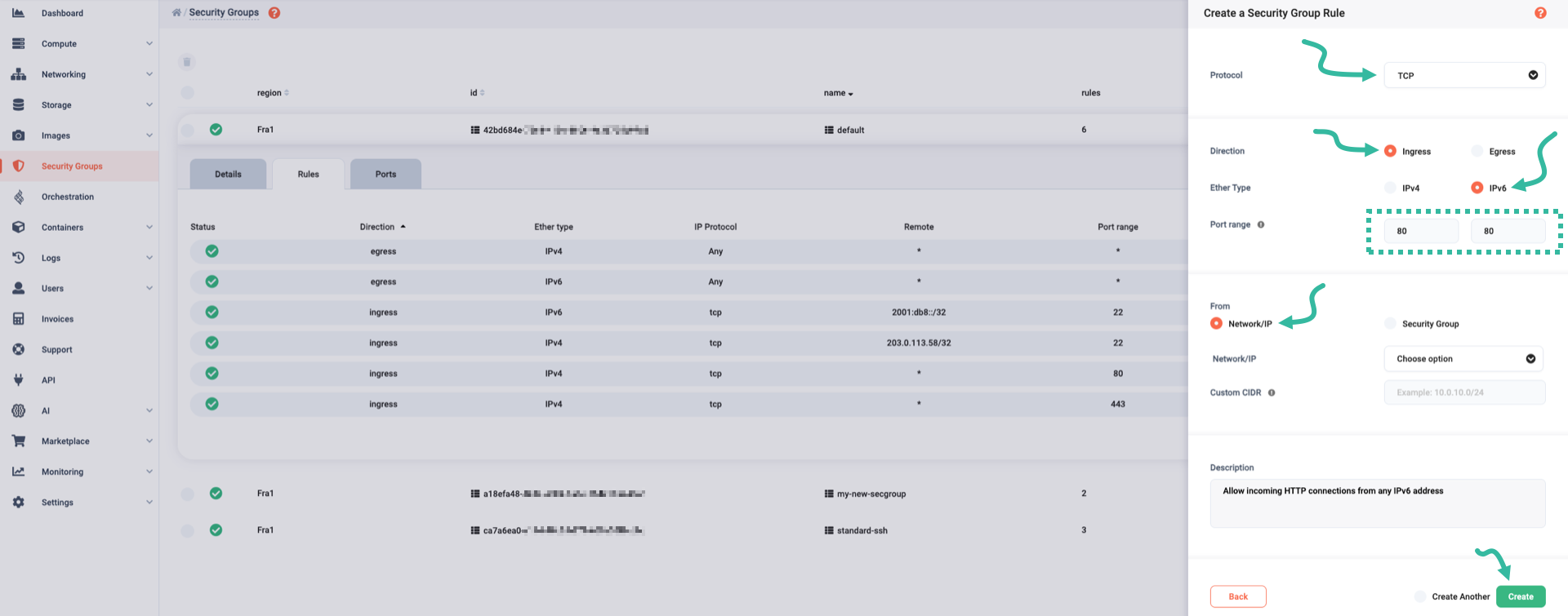 Create new ingress rule for IPv6 connections to 80/TCP