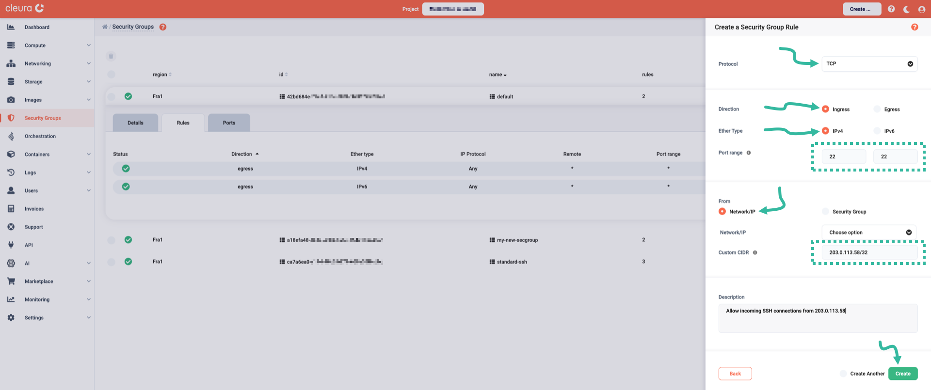 Create ingress rule for IPv4 SSH connections