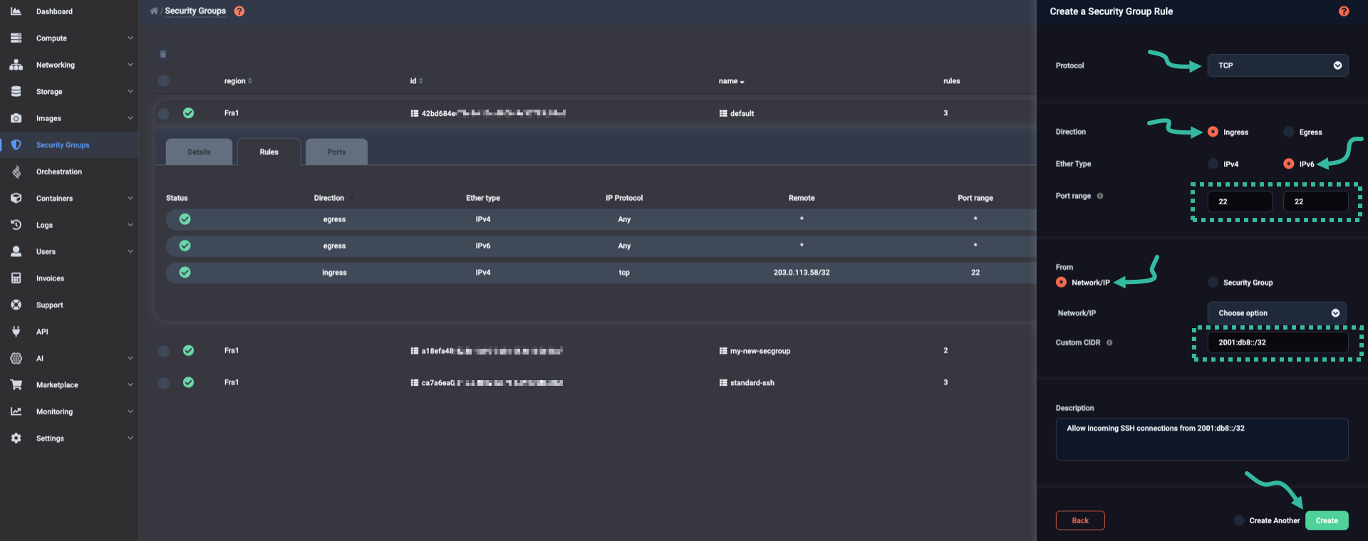 Create ingress rule for IPv6 SSH connections