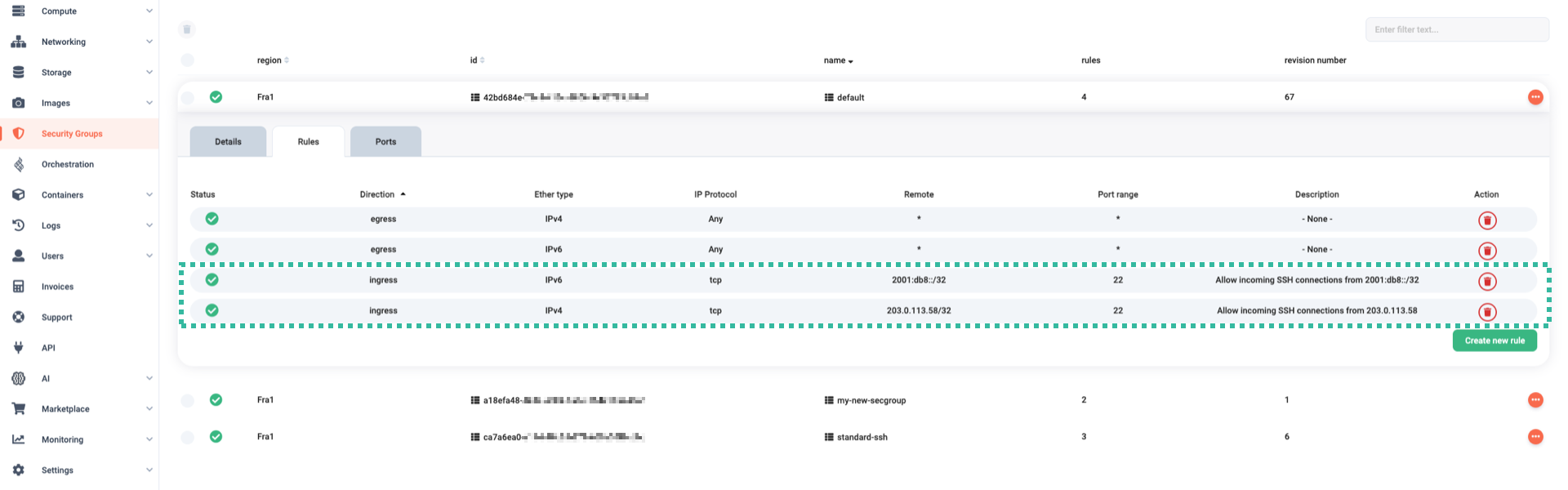 New ingress rules for SSH connections