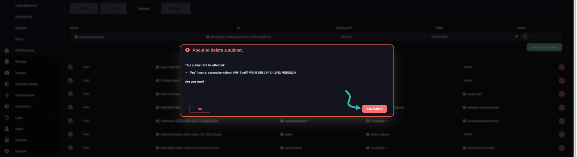 Delete subnet