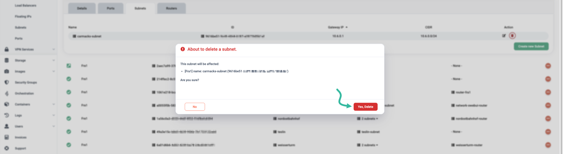 Delete subnet
