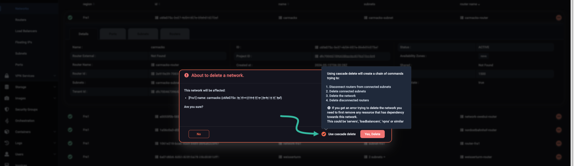 Use cascade delete to automatically delete a network and all related components