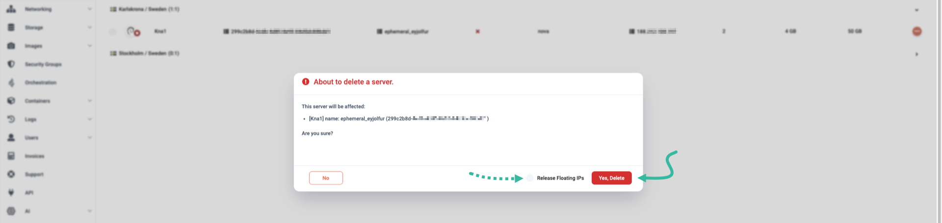 Confirming server deletion