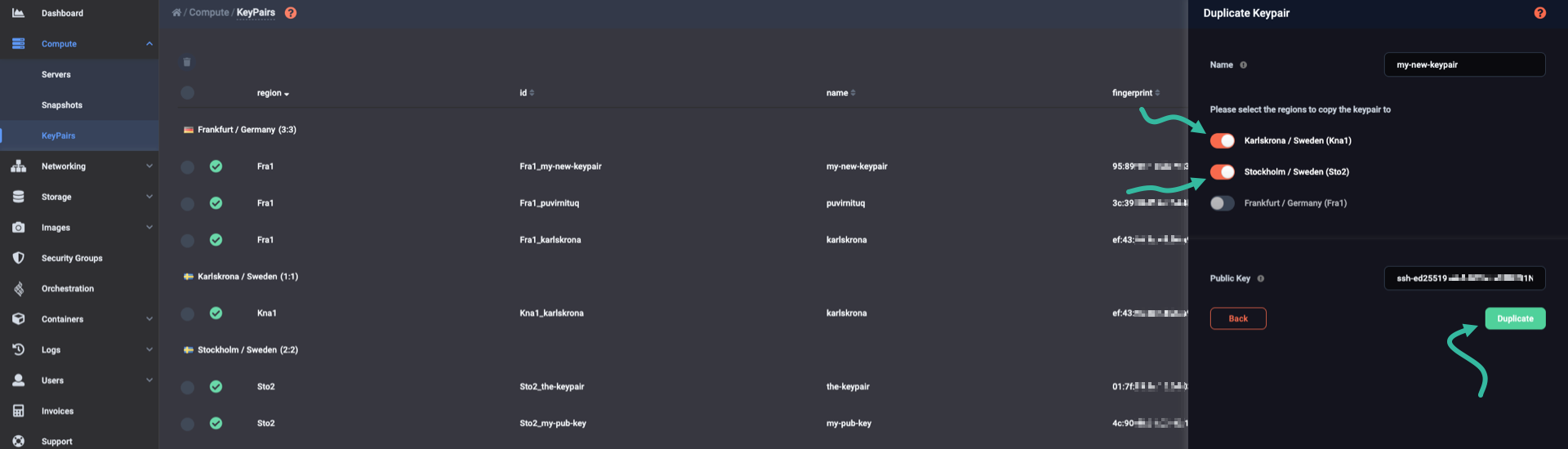 Indicate the regions you wish to duplicate the keypair to, then click the Duplicate button