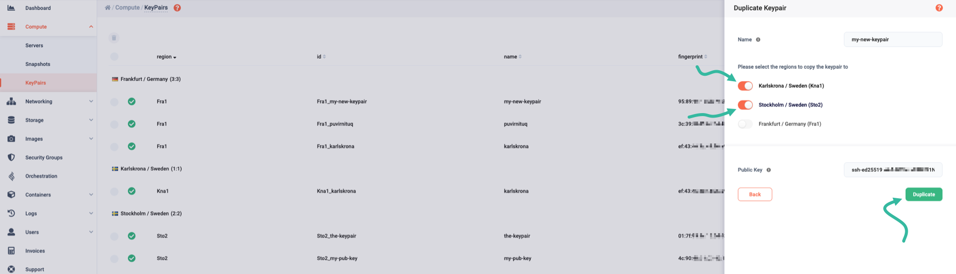 Indicate the regions you wish to duplicate the keypair to, then click the Duplicate button