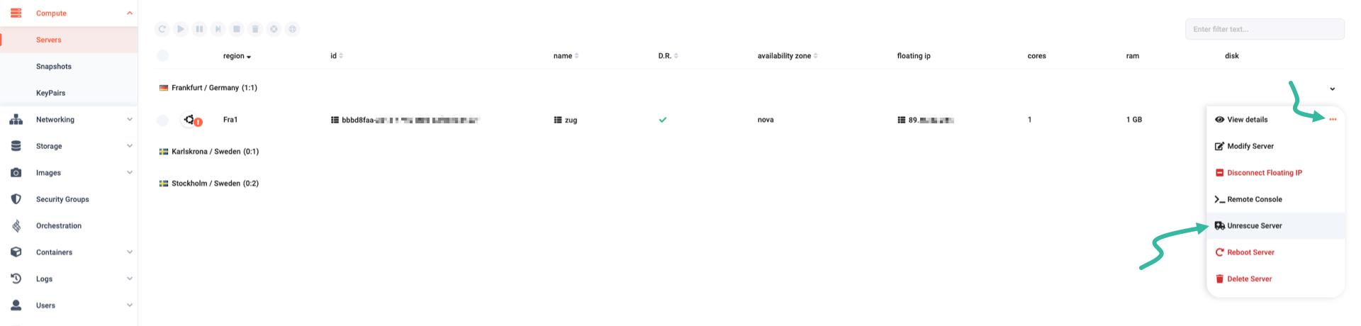 From the server-in-rescue drop-down menu, select "unrescue server"