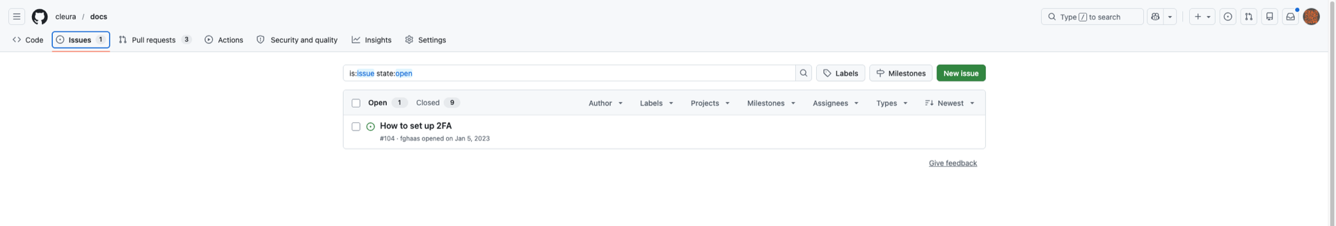 GitHub issues list with the "New issue" button shown in green