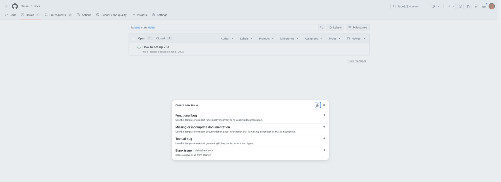 GitHub "New issue" selection showing different types of issues