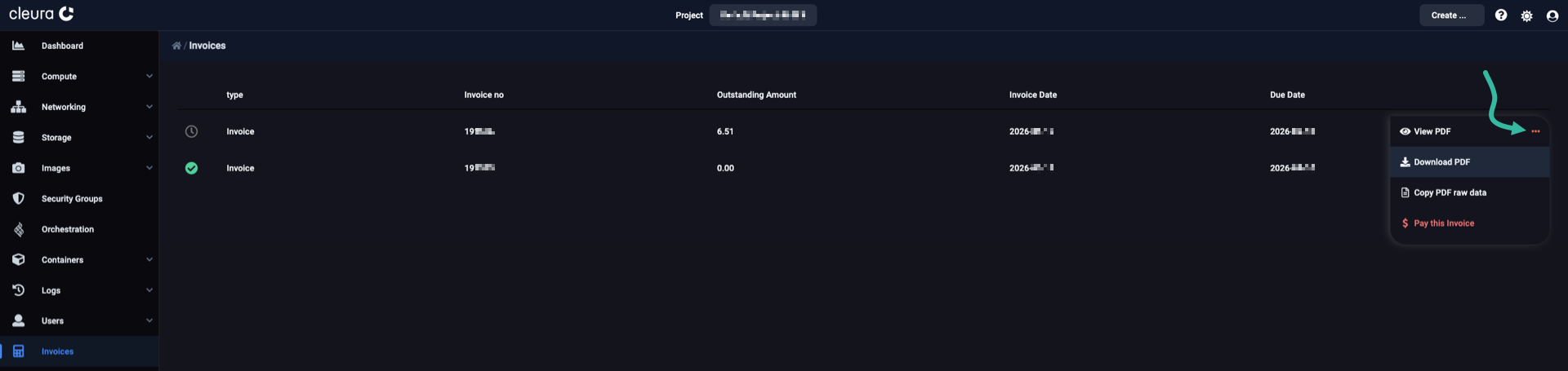 Options regarding selected invoice