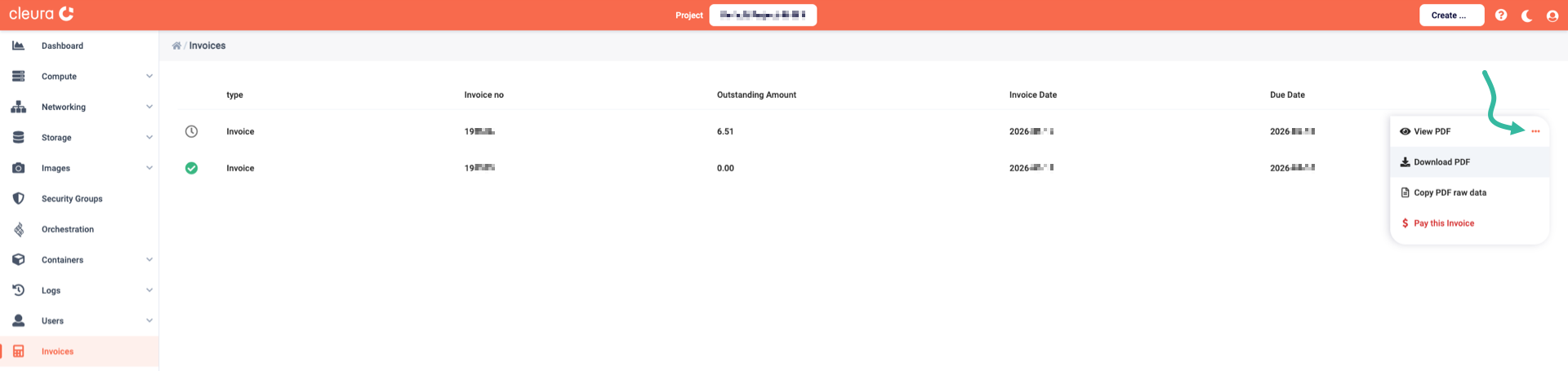 Options regarding selected invoice