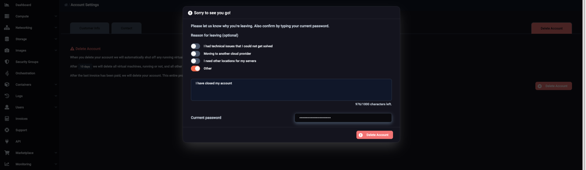 Picture where you choose a reason for leaving us. A field where you type your current password with a delete button.