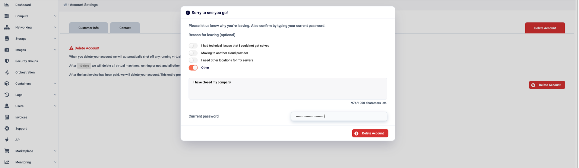 Picture where you choose a reason for leaving us. A field where you type your current password with a delete button.