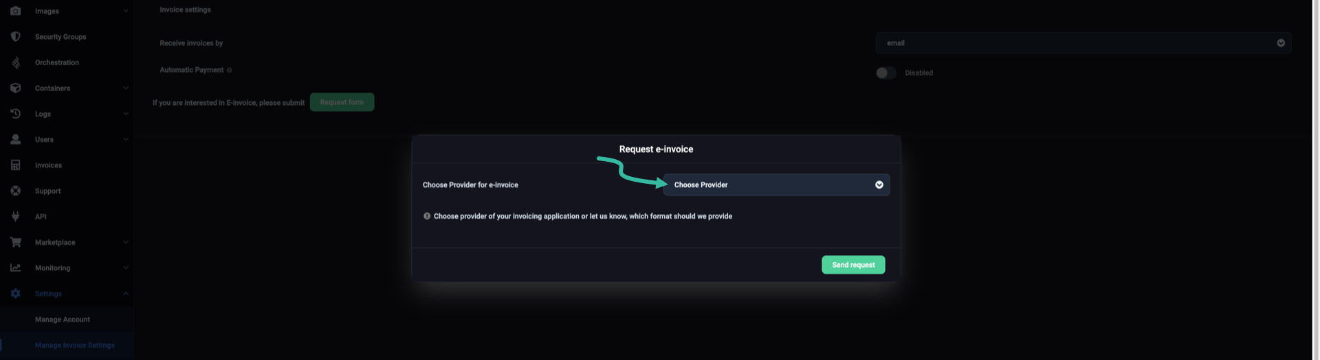 Choose invoicing provider drop-down menu