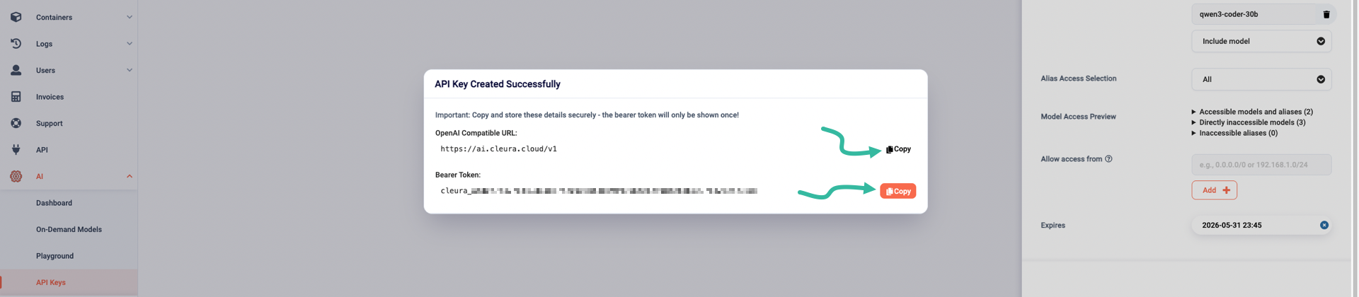 Get a copy of the API URL and the bearer token