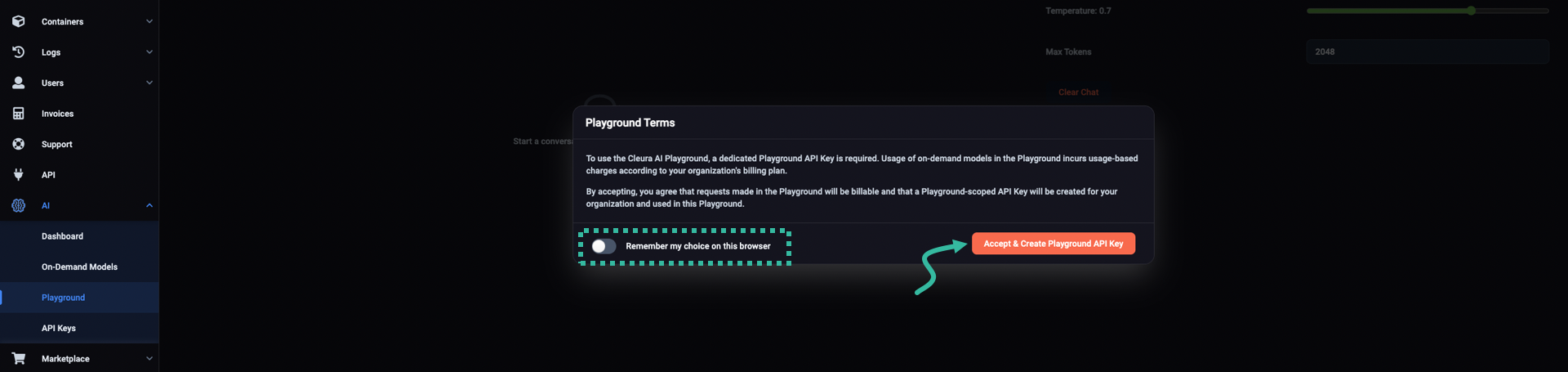 Accept terms and create playground API key