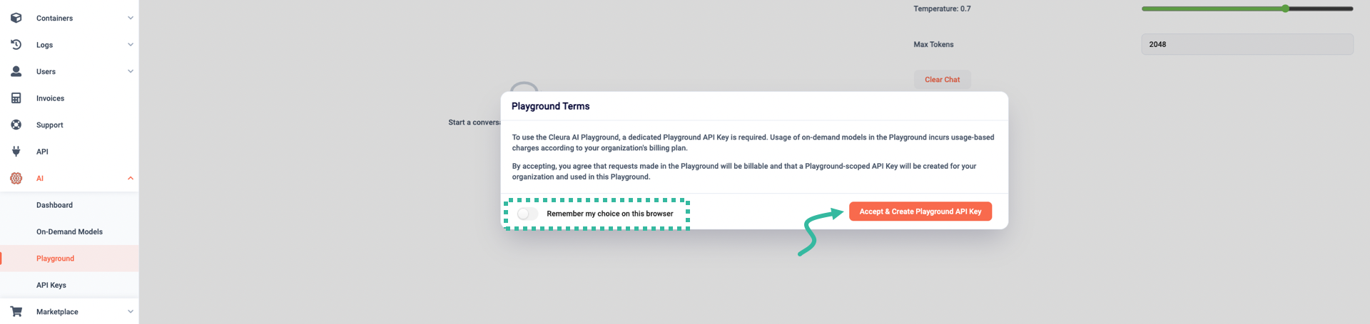 Accept terms and create playground API key