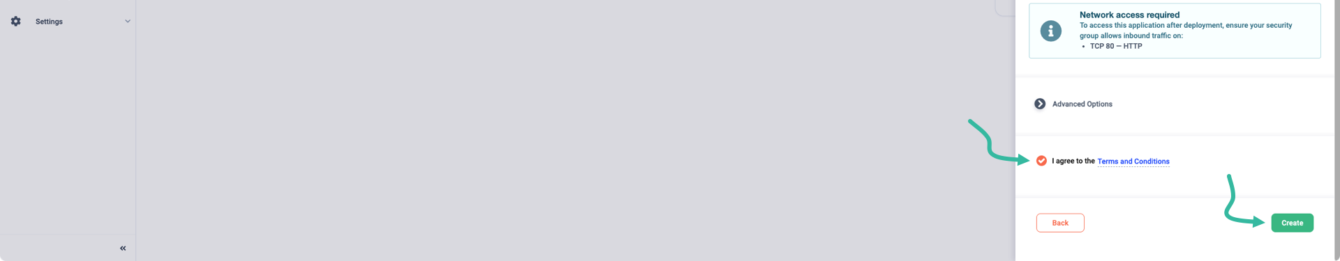 Read and agree to the terms and conditions before deploying