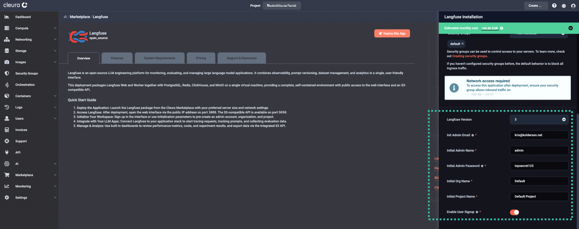 Fill-in necessary parameters for Langfuse