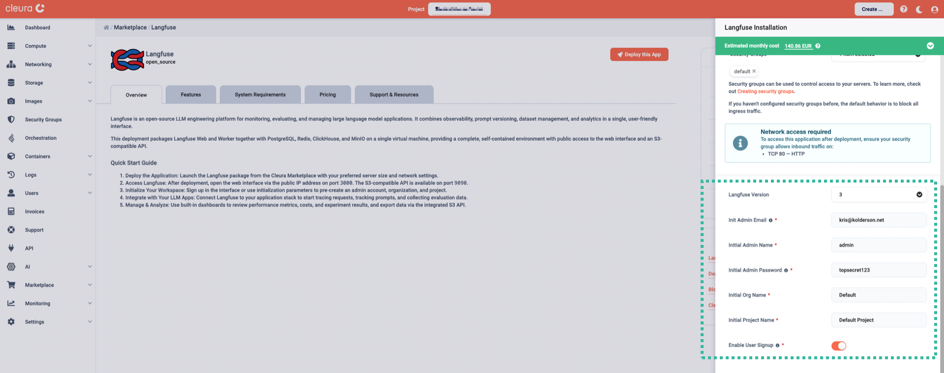 Fill-in necessary parameters for Langfuse