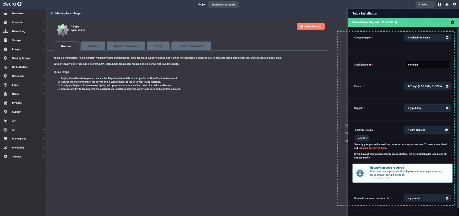 Specify the characteristics of the particular Taiga deployment