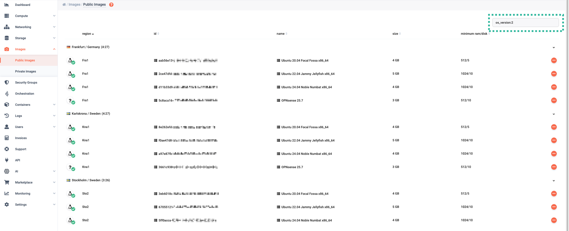 A public images panel that uses filtering of images by os_version tag to show all images of version containing "2" in all regions.