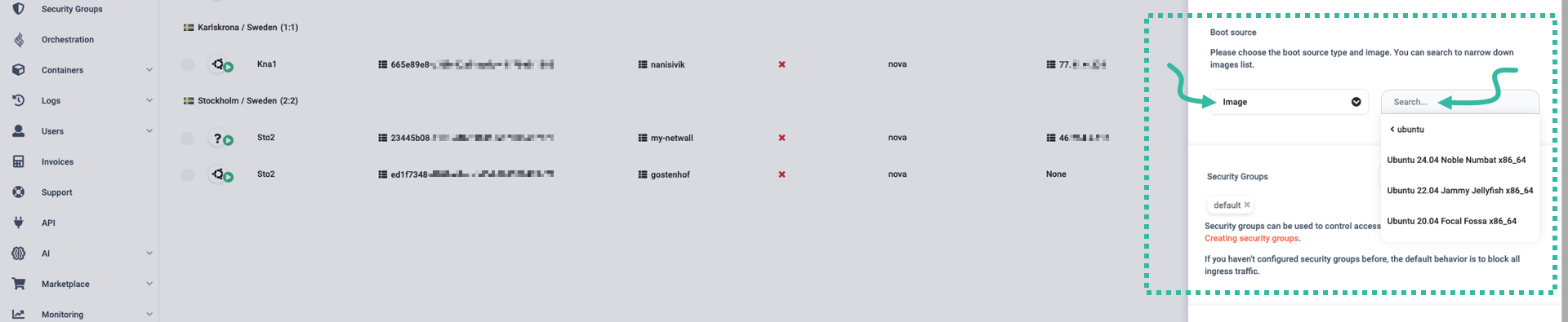 A panel displaying Ubuntu images when user descends to ubuntu folder on create a server screen.