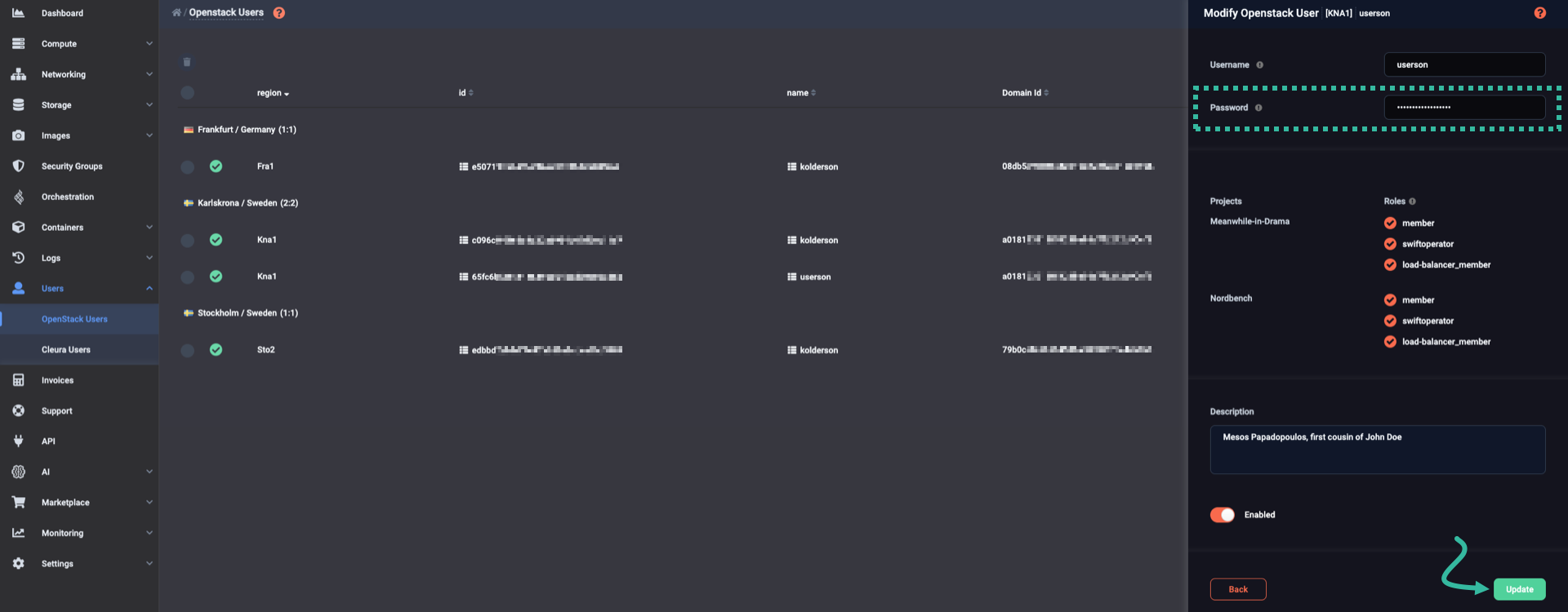 Change password of OpenStack user