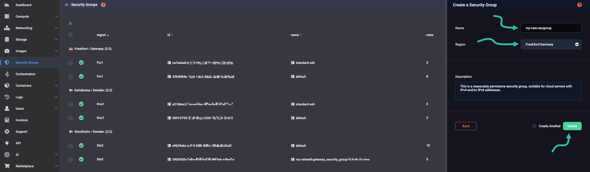 Setting parameters for the new security group