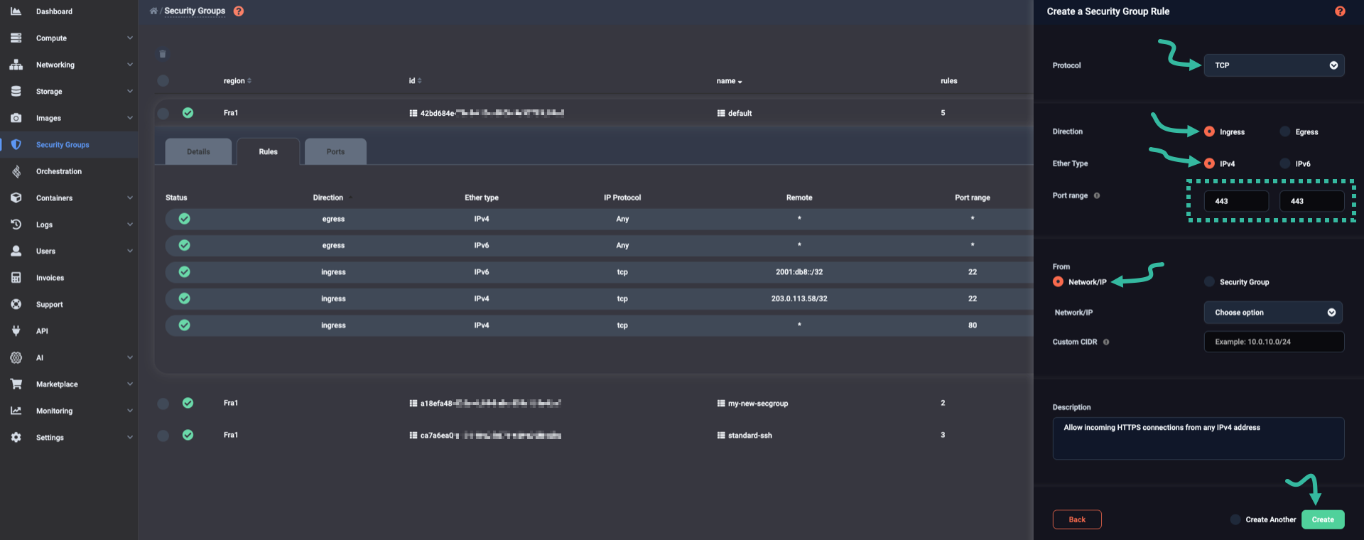 Create new ingress rule for IPv4 connections to 443/TCP