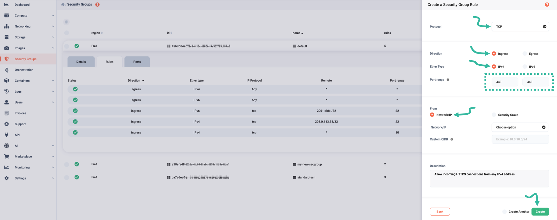 Create new ingress rule for IPv4 connections to 443/TCP